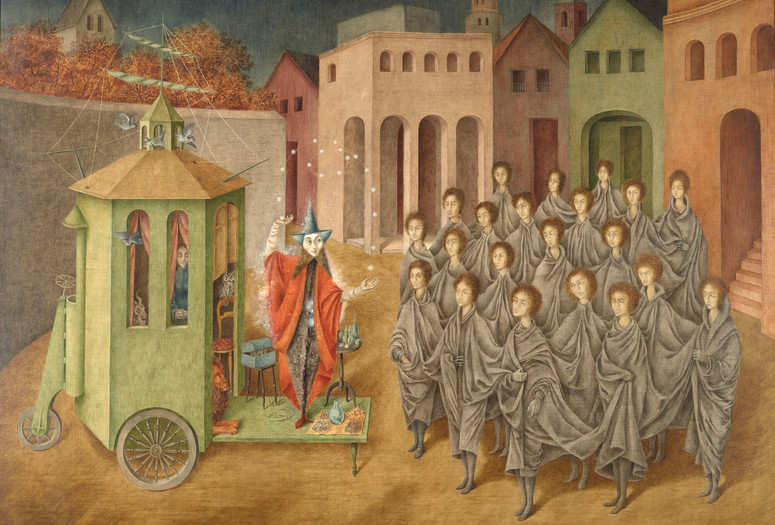 Remedios Varo. The Juggler (The Magician). 1956. Oil and inlaid mother of pearl on board. The Museum of Modern Art, New York. Gift of Joan H. Tisch (by exchange). © 2025 Remedios Varo, Artists Rights Society (ARS), New York/VEGAP, Madrid Image description: A horizontally oriented painting of a town square with muted red and green classical buildings in the background. In the middle of the square, a magician in a red robe stands on the platform of a carnivalesque cart filled with fantastical objects and animals. His star-shaped face glows with soft light as he juggles a series of white balls, performing in front of a large group of seemingly identical figures robed in a single gray cloak.