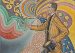 Paul Signac. Opus 217. Against the Enamel of a Background Rhythmic with Beats and Angles, Tones, and Tints, Portrait of M. Félix Fénéon in 1890. 1890. Oil on canvas. The Museum of Modern Art, New York. Gift of Mr. and Mrs. David Rockefeller. © 2026 Artists Rights Society (ARS), New York/ADAGP, Paris. Image description: A colorful painting featuring a man dressed in a yellow suit in front of a background with swirls and patterns