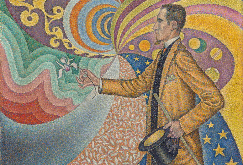Paul Signac. Opus 217. Against the Enamel of a Background Rhythmic with Beats and Angles, Tones, and Tints, Portrait of M. Félix Fénéon in 1890. 1890. Oil on canvas. The Museum of Modern Art, New York. Gift of Mr. and Mrs. David Rockefeller. © 2026 Artists Rights Society (ARS), New York/ADAGP, Paris. Image description: A colorful painting featuring a man dressed in a yellow suit in front of a background with swirls and patterns