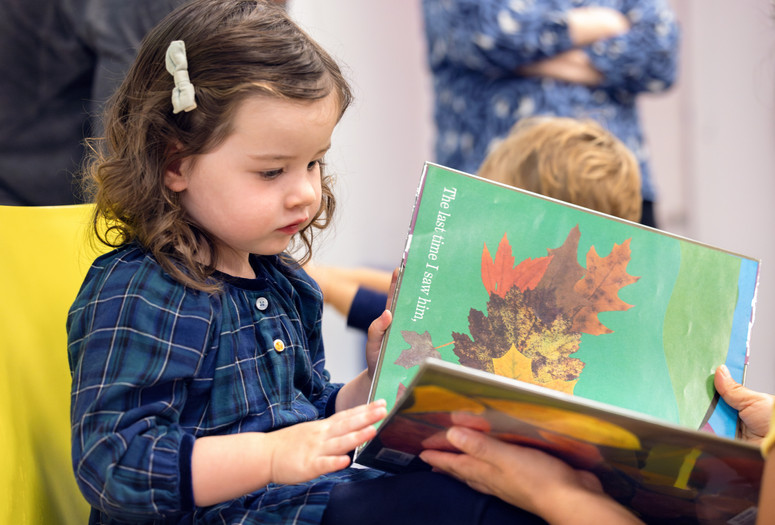 A child reads a picture book. The page shows different types of leaves. Photo: On White Wall, Inc.