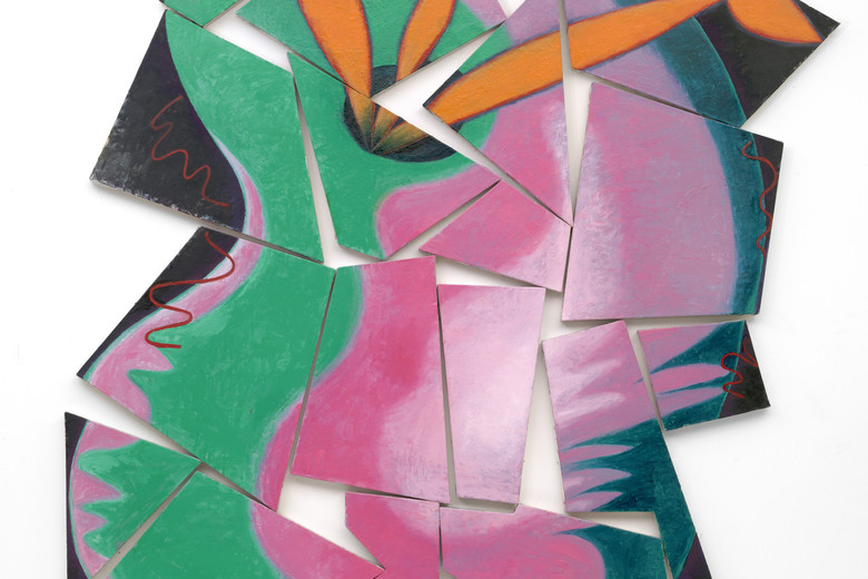 Elizabeth Murray. Painters Progress. Spring 1981. Oil on canvas, nineteen panels, 9' 8" x 7' 9" (294.5 x 236.2 cm). Acquired through the Bernhill Fund and gift of Agnes Gund. © 2026 Estate of Elizabeth Murray / Artists Rights Society (ARS), New York