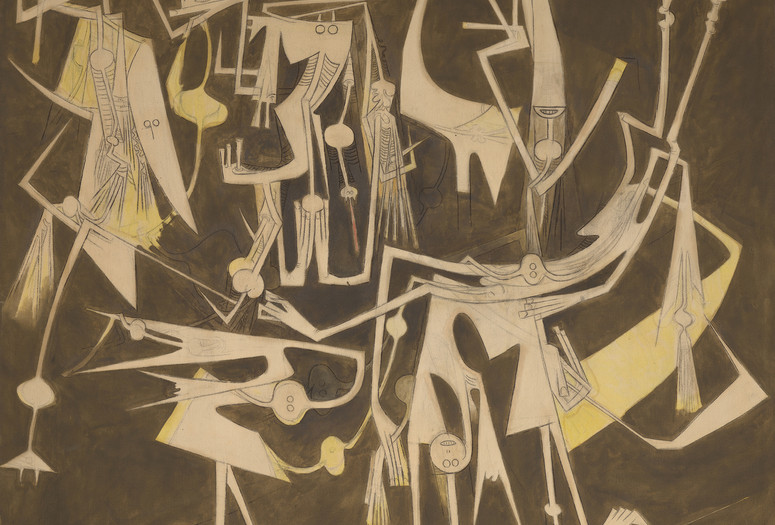Wifredo Lam. Les Invités (The Guests). 1966. Oil and charcoal on canvas. Colección Patricia Phelps de Cisneros. © Succession Wifredo Lam, ADAGP, Paris/ARS, New York 2026. Image description: A square brown canvas filled with overlapping skeletal figures contorted into disjointed positions. These fantastical bodies have spindly limbs, elongated feet and hands, and a mixture of human and animal-like faces.