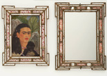 Frida Kahlo. Fulang-Chang and I. 1937 (assembled after 1939). In two parts, oil on board (1937) with painted mirror frame (added after 1939); and mirror with painted mirror frame (after 1939). The Museum of Modern Art, New York. Mary Sklar Bequest. © 2026 Banco de México Diego Rivera Frida Kahlo Museums Trust, Mexico, D.F./Artists Rights Society (ARS), New York. Image description: A diptych featuring two rectangular, brass-colored frames with red and white decorative glass inserts. The frame on the left holds a self-portrait of Frida Kahlo with a small dark monkey resting on her chest, while the frame on the right holds a mirror.