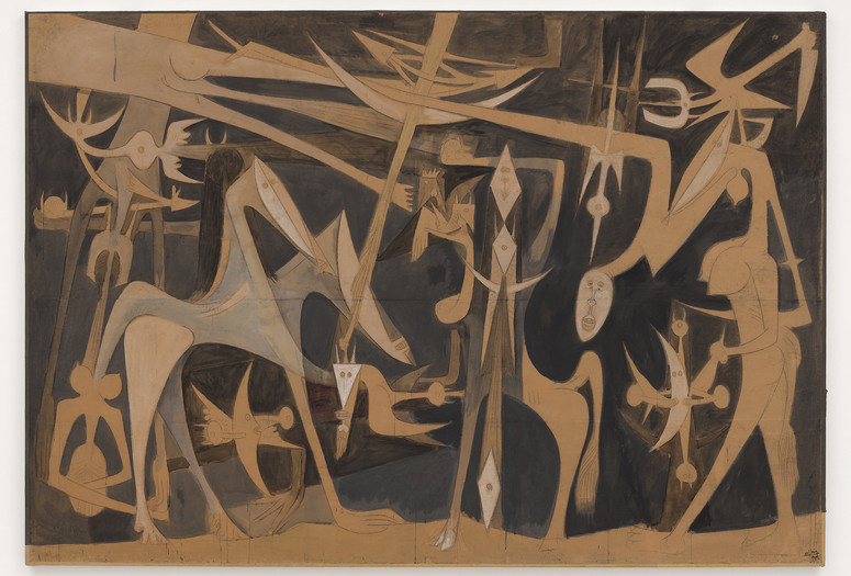 Wifredo Lam. Grande Composition (Large Composition). 1949. Oil and charcoal on paper mounted on canvas. The Museum of Modern Art, New York. Acquired in memory of Gustavo Cisneros through the generosity of the Sue and Edgar Wachenheim III Endowment Fund, Mimi Haas, Marlene Hess and James D. Zirin, The Judith Rothschild Foundation Contemporary Drawings Collection Gift (by exchange), Committee on Drawings and Prints Fund, The Werner H. Kramarsky Endowment Fund for Drawings, Marie-Josée and Henry R. Kravis, Sue and Edgar Wachenheim III, Emilio Ambasz, Anne Dias Griffin, Agnes Gund, Richard Roth, Tony Tamer, Candace King Weir, The Dian Woodner Acquisition Endowment Fund, the Frances Keech Fund, Joshua and Filipa Fink, Ann and Graham Gund, Alice and Tom Tisch, the Richard S. Zeisler Fund, Adriana Cisneros de Griffin, Glenn D. and Susan Lowry, and Marnie S. Pillsbury. © Succession Wifredo Lam, ADAGP, Paris/ARS, New York 2026 Image description: A large rectangular canvas filled with overlapping, surreal figures that have combinations of human and animal-like features. The background is shaded in a dark gray, with the figures rendered in thin washes of white, gray, and brown paint.