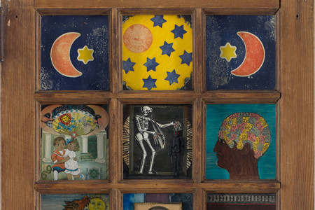 Betye Saar. Black Girl’s Window. 1969. Wooden window frame with paint, cut-and-pasted printed and painted papers, daguerreotype, lenticular print, and plastic figurine, 35 3/4 × 18 × 1 1/2" (90.8 x 45.7 x 3.8 cm). Gift of Candace King Weir through The Modern Women’s Fund and Committee on Painting and Sculpture Funds. © Betye Saar. Courtesy the artist and Roberts Projects, Los Angeles