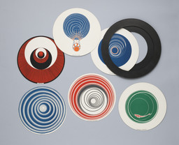 Marcel Duchamp. Rotoreliefs (Optical Disks). 1953. Set of 6 cardboard disks printed recto and verso in color, offset lithography to be viewed on a phonograph turntable rotating at 33 1/3 revolutions per minute, 7 7/8 × 7 7/8" (20 × 20 cm). Philadelphia Museum of Art; Purchased with the James D. Crawford and Judith N. Dean Fund and with the proceeds from the sale of deaccessioned works of art, 2013