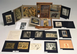 Marcel Duchamp. Box in a Valise (From or by Marcel Duchamp or Rrose Sélavy). 1935–41. Leather valise containing miniature replicas, photographs, color reproductions of works by Duchamp, and one "original" drawing [Large Glass, collotype on celluloid, 7 1/2 x 9 1/2" (19 x 23.5 cm)], 16 x 15 x 4" (40.7 x 38.1 x 10.2 cm). The Museum of Modern Art, New York. James Thrall Soby Fund