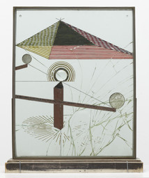 Marcel Duchamp. To Be Looked at (from the Other Side of the Glass) with One Eye, Close to, for Almost an Hour. 1918. Oil, silver leaf, lead wire, and magnifying lens on glass (cracked), mounted between panes of glass in a standing metal frame, 20 1/8 x 16 1/4 x 1 1/2" (51 x 41.2 x 3.7 cm), on painted wood base, 1 7/8 x 17 7/8 x 4 1/2" (4.8 x 45.3 x 11.4 cm), Overall 22" (55.8 cm) high. The Museum of Modern Art, New York. Katherine S. Dreier Bequest. © 2026 Artists Rights Society (ARS), New York / ADAGP, Paris / Estate of Marcel Duchamp