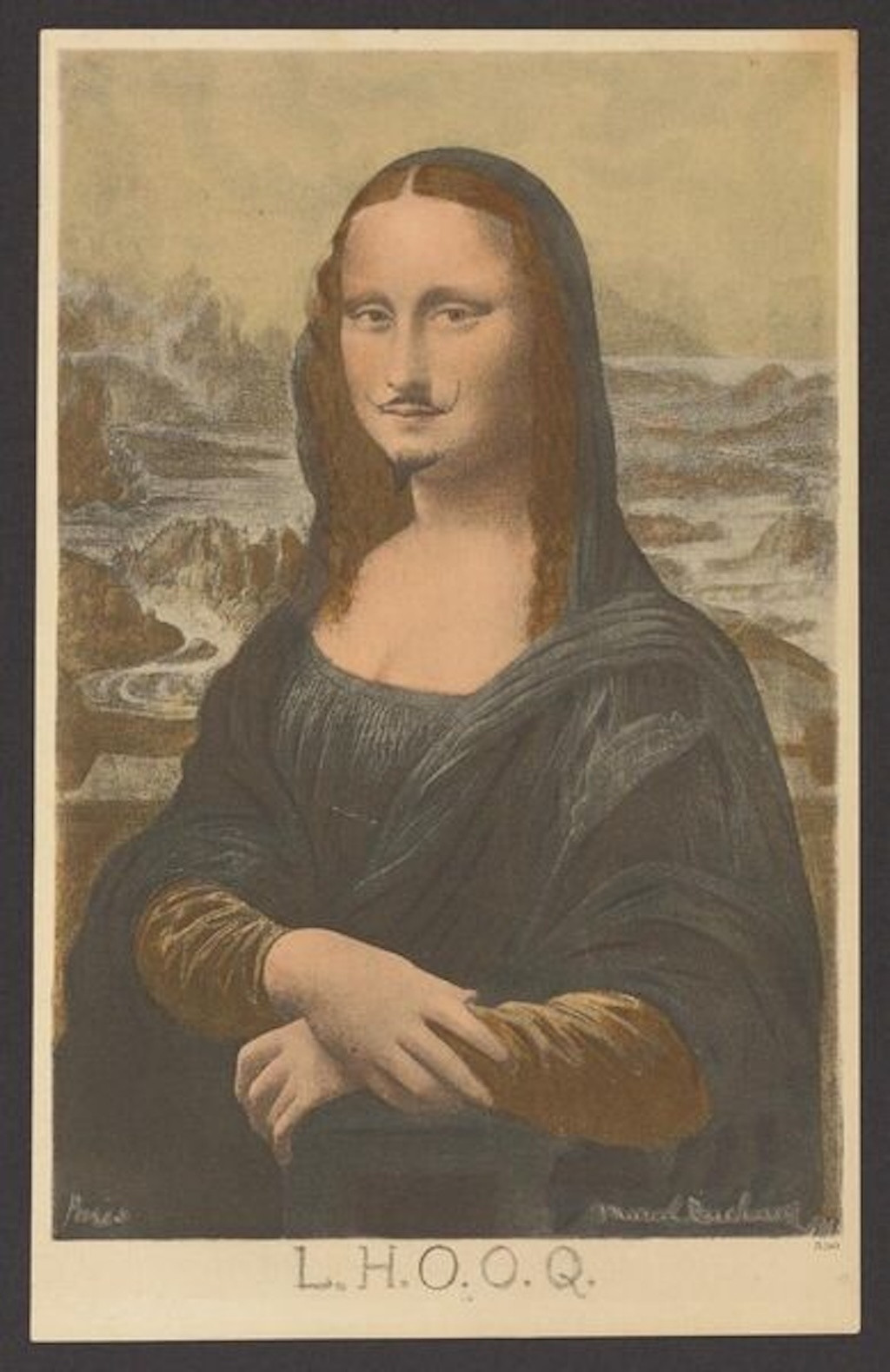 Marcel Duchamp. *L.H.O.O.Q*. 1919. Rectified readymade: pencil on reproduction of Leonardo da Vinci's Mona Lisa, 7 3/4 x 4 7/8" (19.7 x 12.4 cm). Private Collection