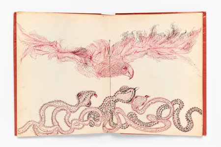 Unica Zürn, artist and author. Orakel und Spektakel, IV. Buch: Anagramme und Zeichnungen (Oracle and Spectacle, Book IV: Anagrams and Drawings). 1960. Book with ink, colored ink, pencil, torn-and-pasted paper, dried plant material, feathers, envelopes, playing card, embroidery-thread winder, and thread; pamphlet binding with red paper wrapper over paper cover with ink on torn- and cut-and-pasted papers, pages: 12 13/16 × 9 13/16" (32.5 × 25 cm). The Museum of Modern Art, New York. Gift of Helen and Sam Zell. Photo: Ben Blackwell. © Verlag Brinkmann &amp; Bose, Berlin, Germany