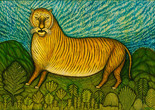 An oil painting of a tiger with yellow and black stripes stands in a forest. The background is blue with yellow streaks. Morris Hirshfield. Tiger. 1940. Oil on canvas. Abby Aldrich Rockefeller Fund. © 2026 Estate of Morris Hirshfield/Licensed by VAGA, New York, NY