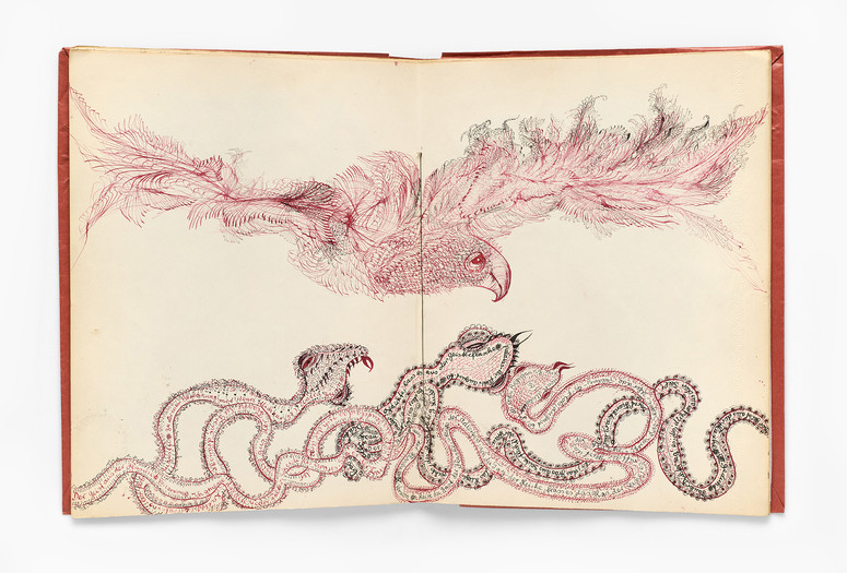 Unica Zürn, artist and author. Orakel und Spektakel, IV. Buch: Anagramme und Zeichnungen (Oracle and Spectacle, Book IV: Anagrams and Drawings). 1960. Book with ink, colored ink, pencil, torn-and-pasted paper, dried plant material, feathers, envelopes, playing card, embroidery-thread winder, and thread; pamphlet binding with red paper wrapper over paper cover with ink on torn- and cut-and-pasted papers. The Museum of Modern Art, New York. Gift of Helen and Sam Zell. Photo: Ben Blackwell. © Verlag Brinkmann &amp; Bose, Berlin, Germany