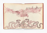 Unica Zürn, artist and author. Orakel und Spektakel, IV. Buch: Anagramme und Zeichnungen (Oracle and Spectacle, Book IV: Anagrams and Drawings). 1960. Book with ink, colored ink, pencil, torn-and-pasted paper, dried plant material, feathers, envelopes, playing card, embroidery-thread winder, and thread; pamphlet binding with red paper wrapper over paper cover with ink on torn- and cut-and-pasted papers. The Museum of Modern Art, New York. Gift of Helen and Sam Zell. Photo: Ben Blackwell. © Verlag Brinkmann &amp; Bose, Berlin, Germany