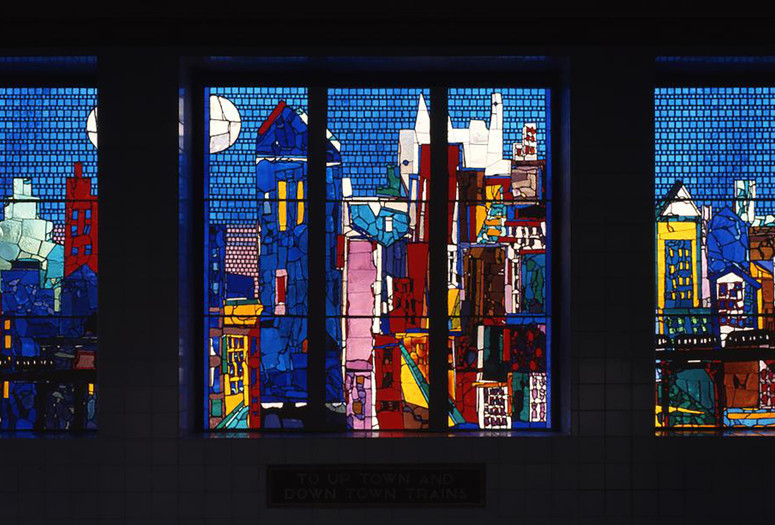 Romare Bearden. City of Glass. 1993. © Romare Bearden, NYCT Westchester Sq–E Tremont Av Station. Photo: MTA Arts &amp; Design