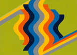 Mohamed Melehi. Seduction. 1975. Lacquer on board. The Museum of Modern Art, New York. Gift of Sandra and Tony Tamer Image description: A large-scale painting with flat, crisp colors. From the left and right edges, straight diagonal lines converge into a series of wavy parallel stripes. These stripes are boldly painted in yellow, orange, navy, blue, and gray on top of an olive green background.