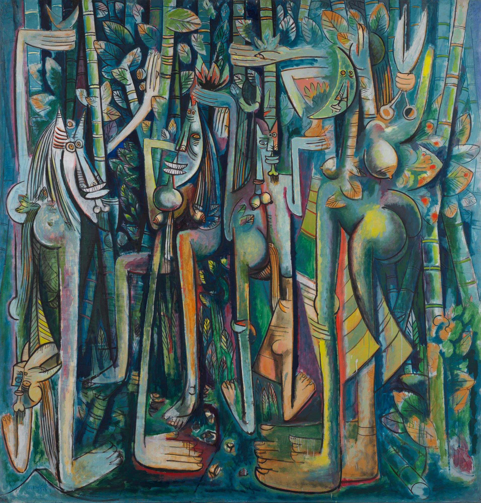 Wifredo Lam. The Jungle (La Jungla). 1943. Gouache on paper on canvas, 94 1/4 x 90 1/2” (239.4 x 229.9 cm). Inter-American Fund. © 2023 Artists Rights Society (ARS), New York / ADAGP, Paris