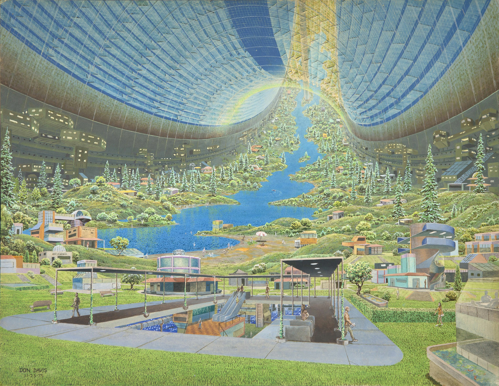 Don Davis. Stanford torus interior view. 1975. Acrylic on board. Commissioned by NASA for Richard D. Johnson and Charles Holbrow, eds., Space Settlements: A Design Study (Washington, DC: NASA Scientific and Technical Information Office, 1977). Illustration never used. Collection Don Davis