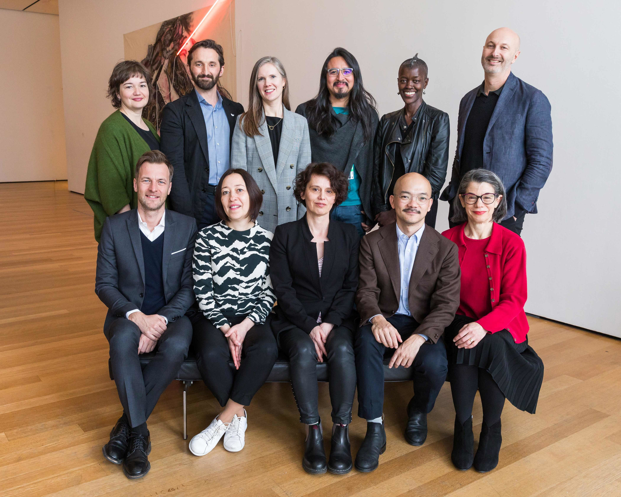 The participants in the 2018 MoMA International Curatorial Institute. Top, from left: Miranda Wallace, Justin Paton, Laura Barlow, Miguel A. López, Joy Mboya, Russell Storer; bottom, from left: Martino Stierli, Katerina Chuchalina, Bojana Piškur, Aaron Seeto, Anne Umland. Photo: Will Raggazino