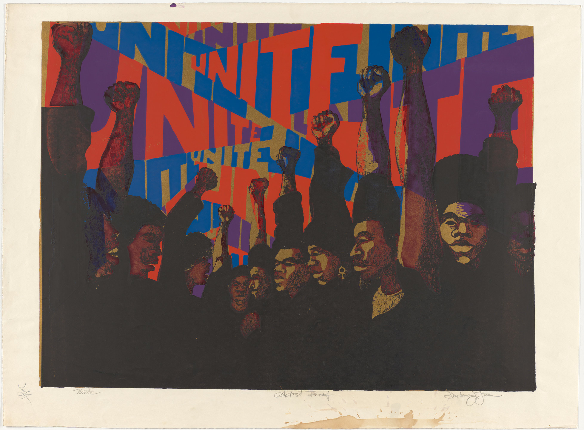 Image: Barbara Jones-Hogu. Unite.1969. Screenprint. Publisher: Barbara Jones-Hogu, Chicago. Printer: Barbara Jones-Hogu, Chicago. 10 printed in 1969 before the edition of 100 (published in 1971). The Deborah Wye Endowment Fund. © Barbara Jones-Hogu. Courtesy of the Estate of Barbara Jones-Hogu
