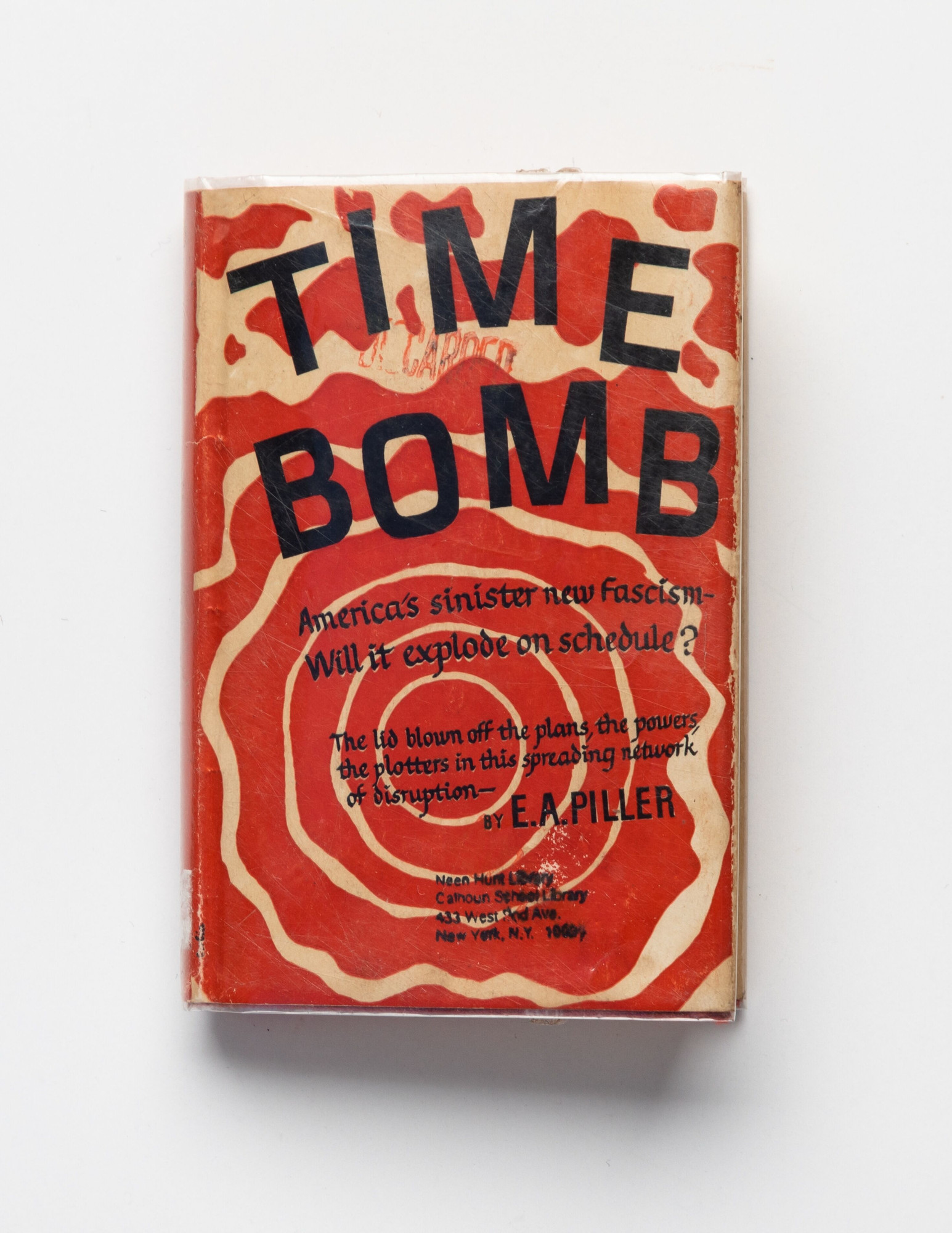 Charles LeDray. America’s Sinister New Fascism—Will It Explode on Schedule?. (Cover.). 2020. Unique handmade miniature “used” book made from drawing, mixed-media markings, stains, stamping, and letterpress and offset printing. One of 177 unique examples from LeDray’s Book Ends collection. Varying dimensions: each book in collection is smaller than print, 4 × 5″ Photo credit: Jenny Gorman
