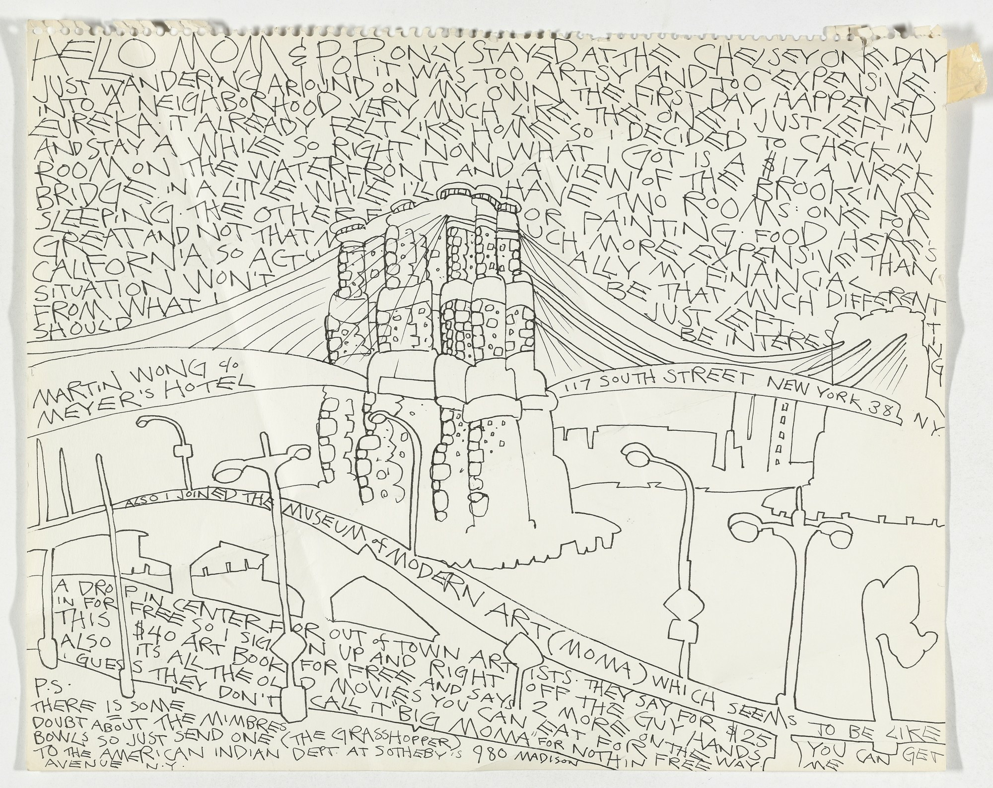Martin Wong. Primera carta a casa desde Nueva York (también me hice miembro del Museum of Modern Art). 1978. Marcador sobre papel. Donación del legado del artista. Cortesía del legado de Martin Wong y P.P.O.W Gallery, Nueva York, NY