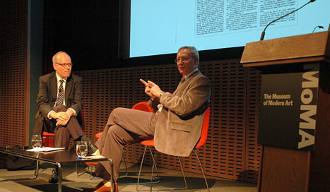 Danilo Streck and Tom Finkelpearl discuss the historical legacy and contemporary relevance of the theories and work of Paolo Freire and Augusto Boal at MoMA on July 21, 2011. Photo: Paul Lima