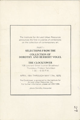 Verso of postcard for Collectors of the Seventies, Part I: Dorothy and Herbert Vogel (April 19&ndash;May 17, 1975), 1975 [II.A.41]