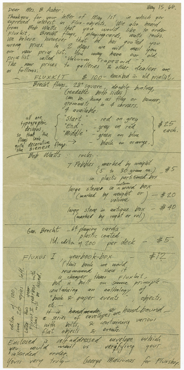 Letter to Betty Asher about purchasing Fluxus works