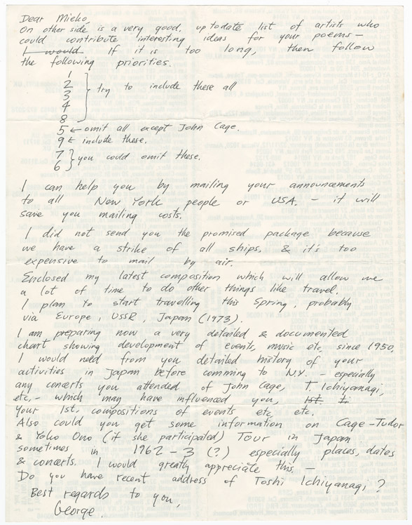 Letter from Maciunas to Mieko Shiomi