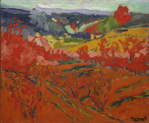 Oil painting of a vibrant landscape with dominant reds, greens, and blues. The composition features hills and trees, adding depth and movement to the scene. This is an AI generated description. To give feedback, email ai@moma.org.