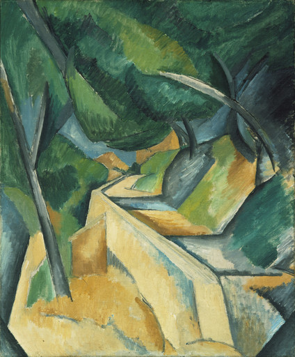 An oil painting depicts a landscape with geometric shapes, featuring shades of green, yellow, and blue. The scene includes abstract forms of trees and a winding path. This is an AI generated description. To give feedback, email ai@moma.org.
