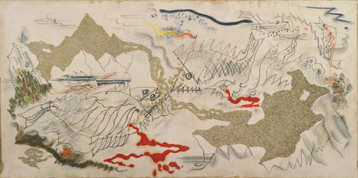 The image features a sandy beige background with freeform black lines depicting fish-like figures and other shapes. Red and yellow accents appear sporadically, with textured areas showing varying densities of sand and some multicolored speckles. This is an AI generated description. To give feedback, email ai@moma.org.