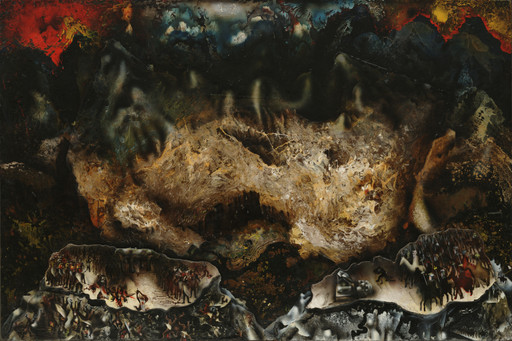 The image features a large dark central mass with swirling browns, blacks, and hints of red, surrounded by dark blue and lighter blue streaks at the top. Below are two sections; one showing small figure-like shapes in various poses, the other with humanoid shapes and broken structures. This is an AI generated description. To give feedback, email ai@moma.org.
