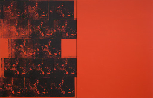 A series of repeated black silkscreen images on the left contrasts with a solid bright red background on the right. The artwork uses bold red and dark tones. This is an AI generated description. To give feedback, email ai@moma.org.