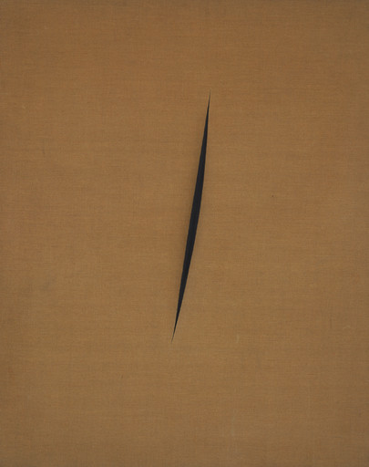 A canvas painting with a single vertical slash in the center. The background is a flat tan color. This is an AI generated description. To give feedback, email ai@moma.org.
