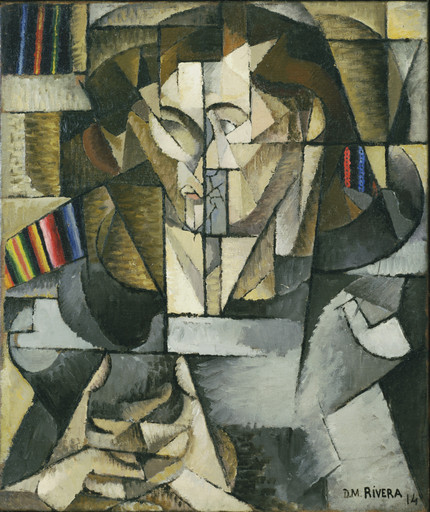 Abstract oil painting of a person's face and hands using geometric shapes. Predominant colors are beige, brown, and gray, with a pop of rainbow stripes. This is an AI generated description. To give feedback, email ai@moma.org.