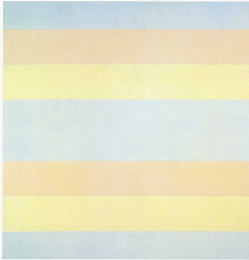 The image consists of horizontal stripes in pastel colors, including light blue, pale yellow, and beige. The stripes alternate in color and are equal in width across the entire canvas. This is an AI generated description. To give feedback, email ai@moma.org.