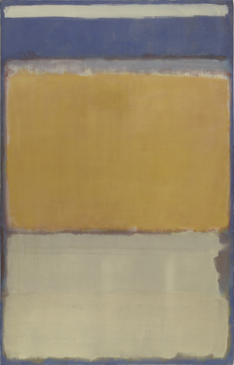 Abstract oil painting with three horizontal color fields: a deep blue at the top, a large mustard yellow in the center, and a light beige at the bottom. Colors blend softly at their edges. This is an AI generated description. To give feedback, email ai@moma.org.