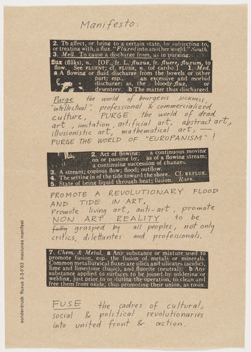 A beige document titled "Manifesto" contains a mix of typed and handwritten text. Key phrases include "Purge the world of bourgeois sickness" and "Promote living art, anti-art, promote non-art reality." This is an AI generated description. To give feedback, email ai@moma.org.