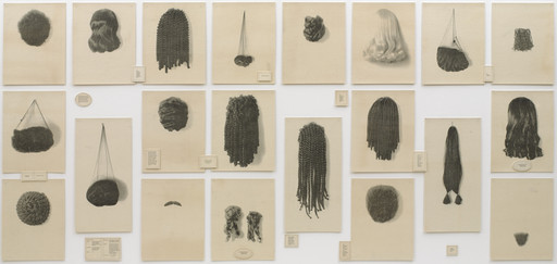 A collection of 20 drawings of various hairstyles is shown on beige paper. Hairstyles include braids, curls, and loose hair, all predominantly in shades of black and gray. This is an AI generated description. To give feedback, email ai@moma.org.