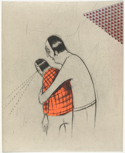 A figure in a beige shirt embraces another figure in a red checkered shirt, whose head emits dashed lines forward. The background is mostly light gray with small red triangles in the upper right corner. This is an AI generated description. To give feedback, email ai@moma.org.