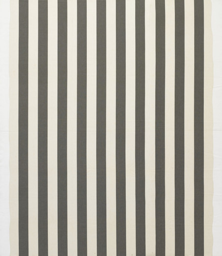 A fabric with alternating vertical stripes of dark gray and off-white. The textile creates a pattern of uniform parallel lines. This is an AI generated description. To give feedback, email ai@moma.org.