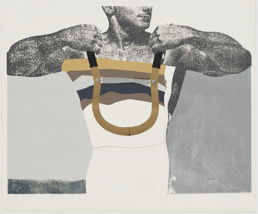 A grayscale human figure with arms raised and holding a U-shaped beige object. The background includes shades of gray and brown with texture variations. This is an AI generated description. To give feedback, email ai@moma.org.