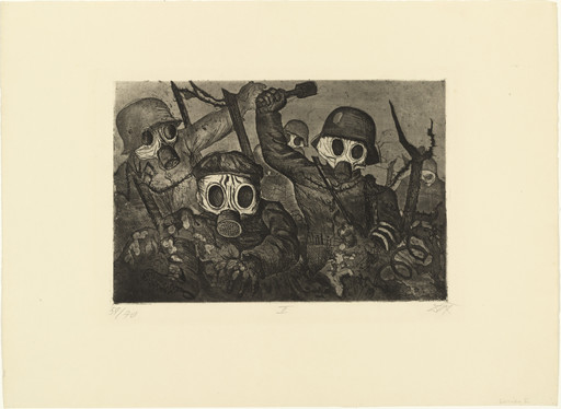 The image depicts four figures wearing gas masks and helmets, appearing to move through debris or a battlefield. The predominant colors are sepia tones, with dark shadows adding depth to the scene. This is an AI generated description. To give feedback, email ai@moma.org.