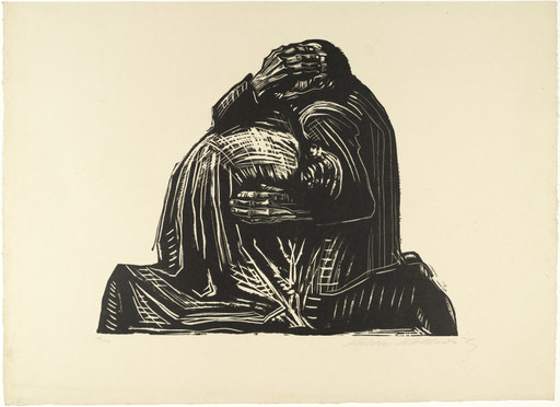 A black figure sits with knees bent, hunched over with their head resting on their hands, against a beige background. The figure's detailed, textured lines depict folds in clothing and emphasize a sense of form. This is an AI generated description. To give feedback, email ai@moma.org.