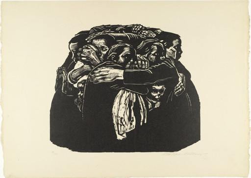 A group of people standing close together in an embrace, with their arms intertwined, is depicted in black and white. Their facial expressions are serious, and there is minimal background detail. This is an AI generated description. To give feedback, email ai@moma.org.