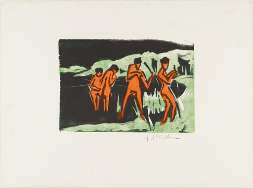 Ernst Ludwig Kirchner. Bathers Throwing Reeds (Mit Schilf werfende Badende) from Brücke 1910. 1909, published 1910