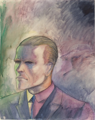 A watercolor painting of the bust of a man in a suit and tie. The background has swirls of green, purple, and black, while the person's face has shades of blue, purple, and green. Their eyes are dark in the shadow of their brows. This is an AI generated description. To give feedback, email ai@moma.org.
