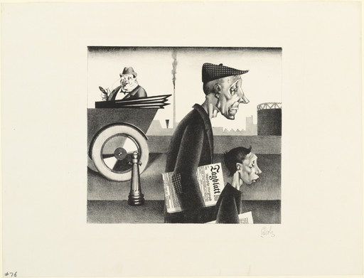 A grayscale illustration depicts a large person in a car with a cigar, passing two emaciated people walking with newspapers under their arms. Factory buildings and smoke stacks are visible in the background. This is an AI generated description. To give feedback, email ai@moma.org.