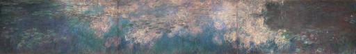 An oil painting featuring abstract depictions of water and lilies, with dominant colors of blue, pink, and green. The scene is softly blended with a reflective quality. This is an AI generated description. To give feedback, email ai@moma.org.